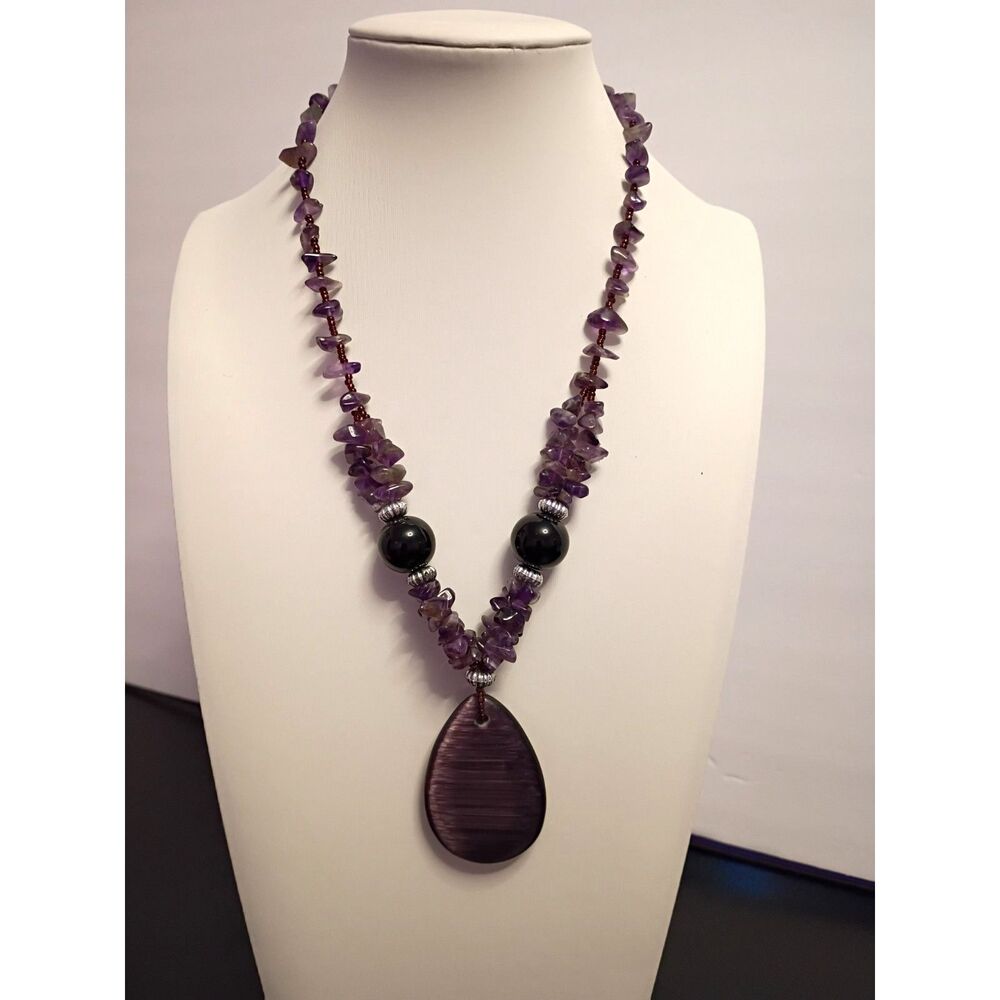 Purple Amethyst Necklace Accented by Black Rounds and a Large Teardrop Pendant